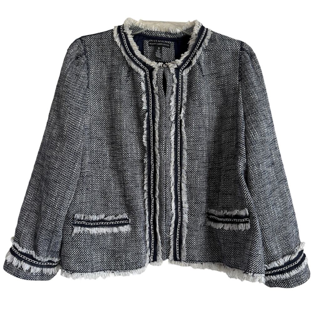 Chicos Black Label Navy Blue Tweed Jacket Size 3 XL Chain Trim Frayed Collarless